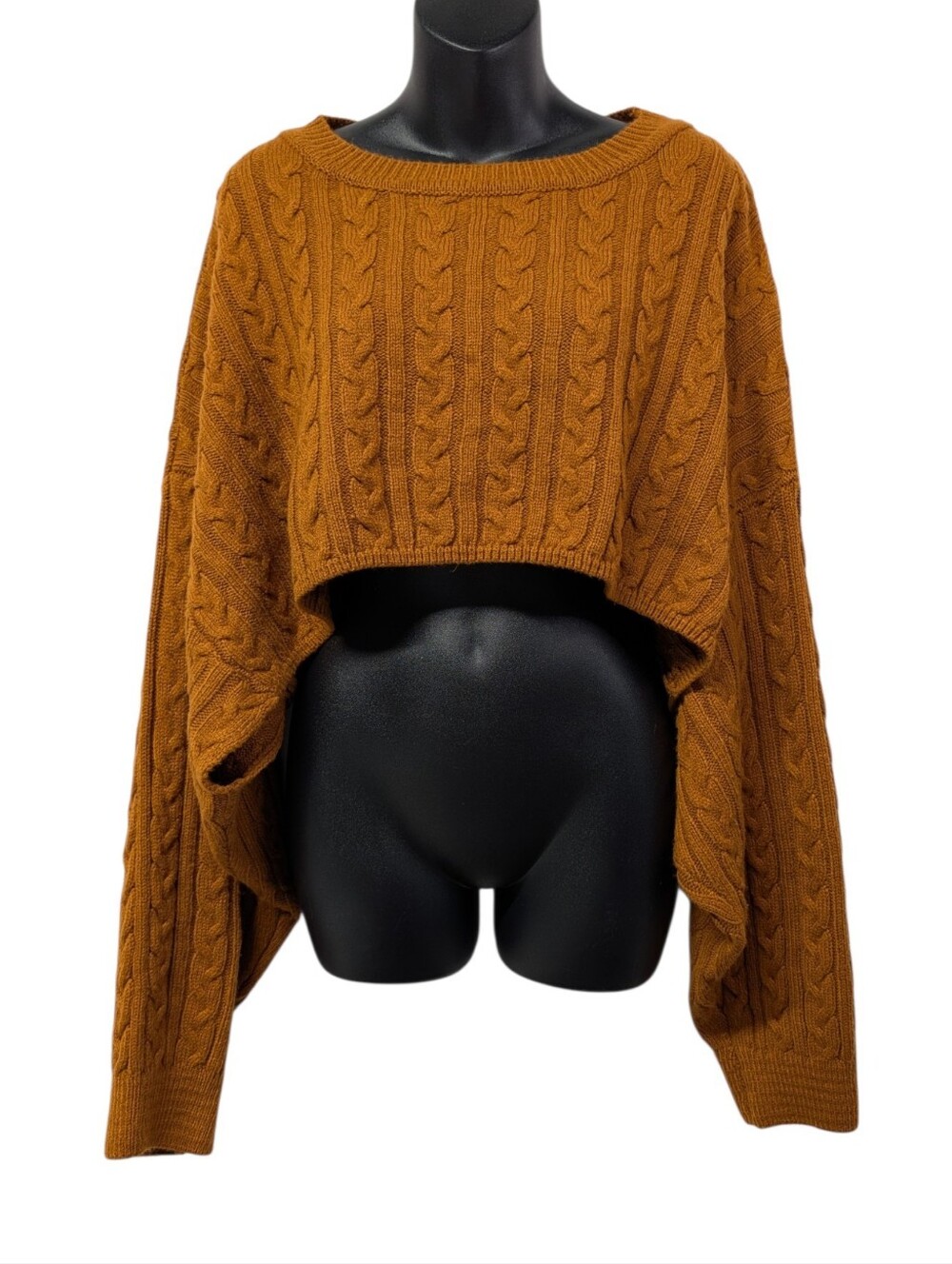 Fashion Nova Womens Brown Cable Knit Crewneck Cropped Oversized Sweater Size L